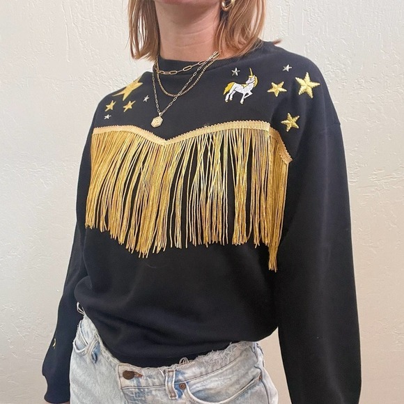 Black Unicorn Star Embroidered Gold Fringe Crewneck Sweatshirt - Picture 2 of 4
